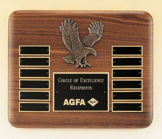 Main Image of American walnut perpetual plaque with 12 black brass plates and a sculptured relief eagle casting