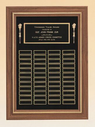 Main Image of Perpetual plaque with 3 plate combinations and a solid American walnut frame on a black velour background