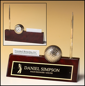 Main Image of Rosewood piano finish nameplate with pen, business card holder, and goldtone metal golf ball / clock.