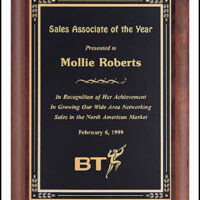 Main Image of Rosewood stained piano finish plaque with a black brass plate and gold leaf design border.